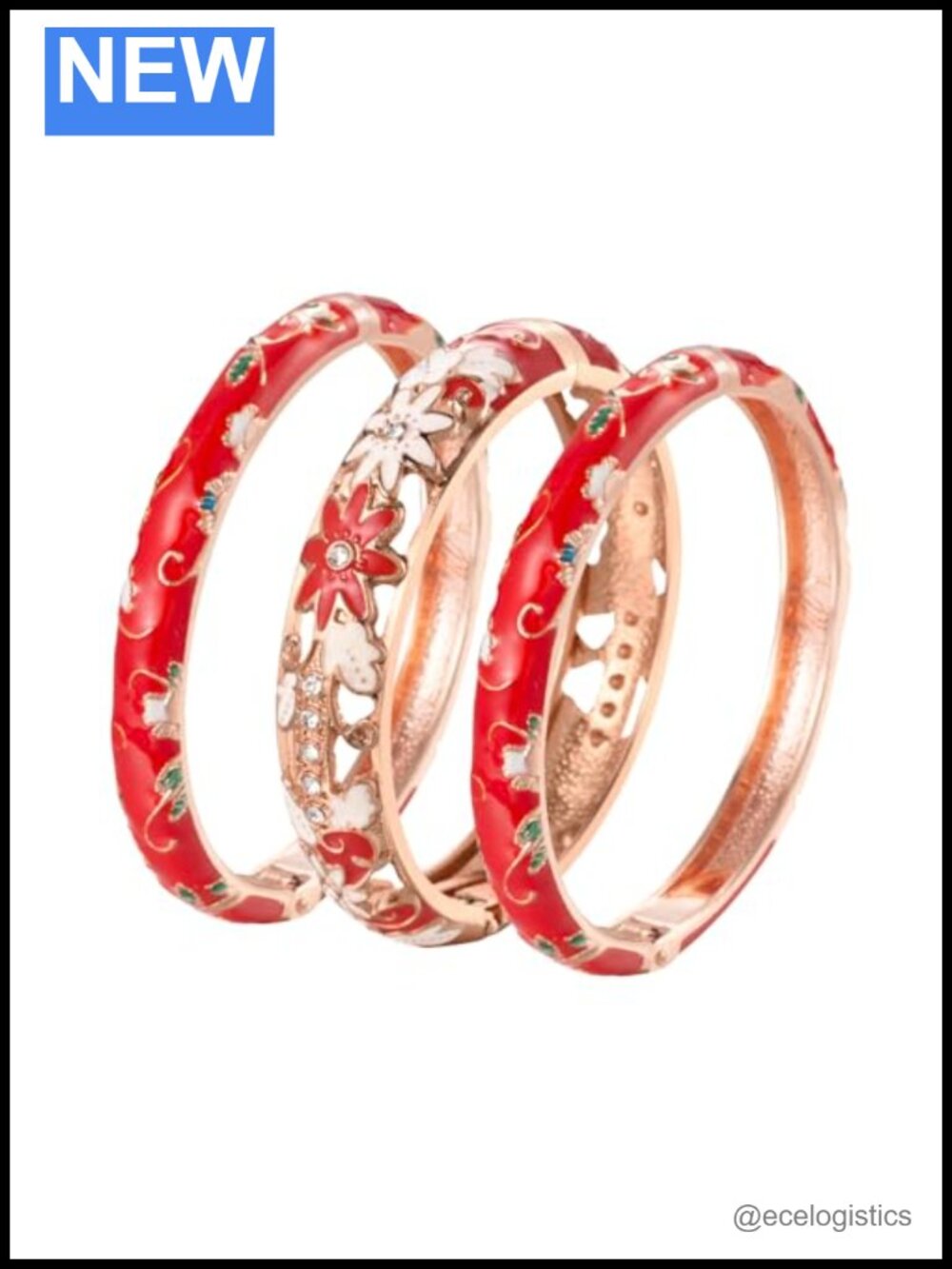 Cloisonne Enamel Cuff Bangle Set Gold Plated Hinged Bracelet